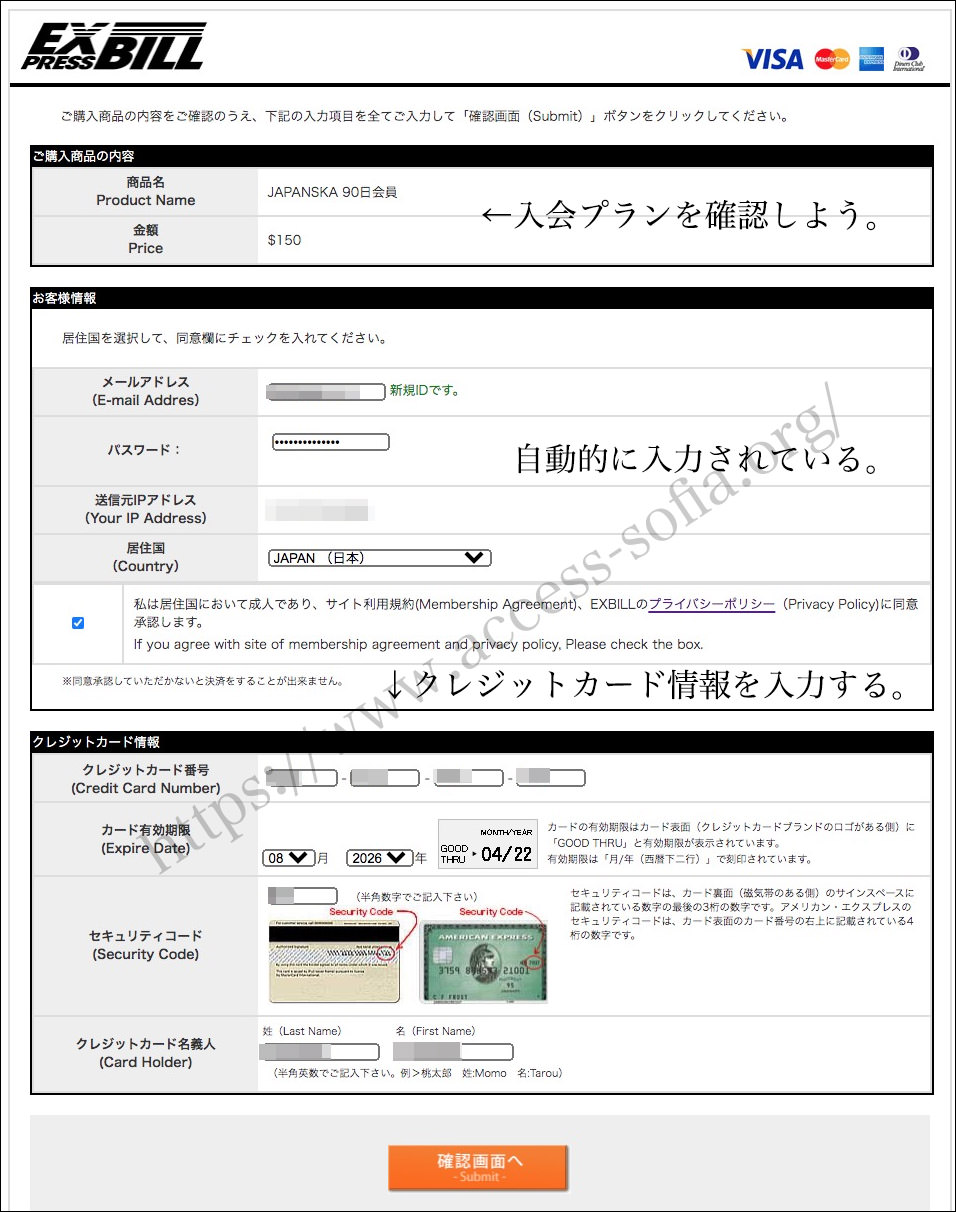 ヤパンスカでクレジットカード情報を入力する。